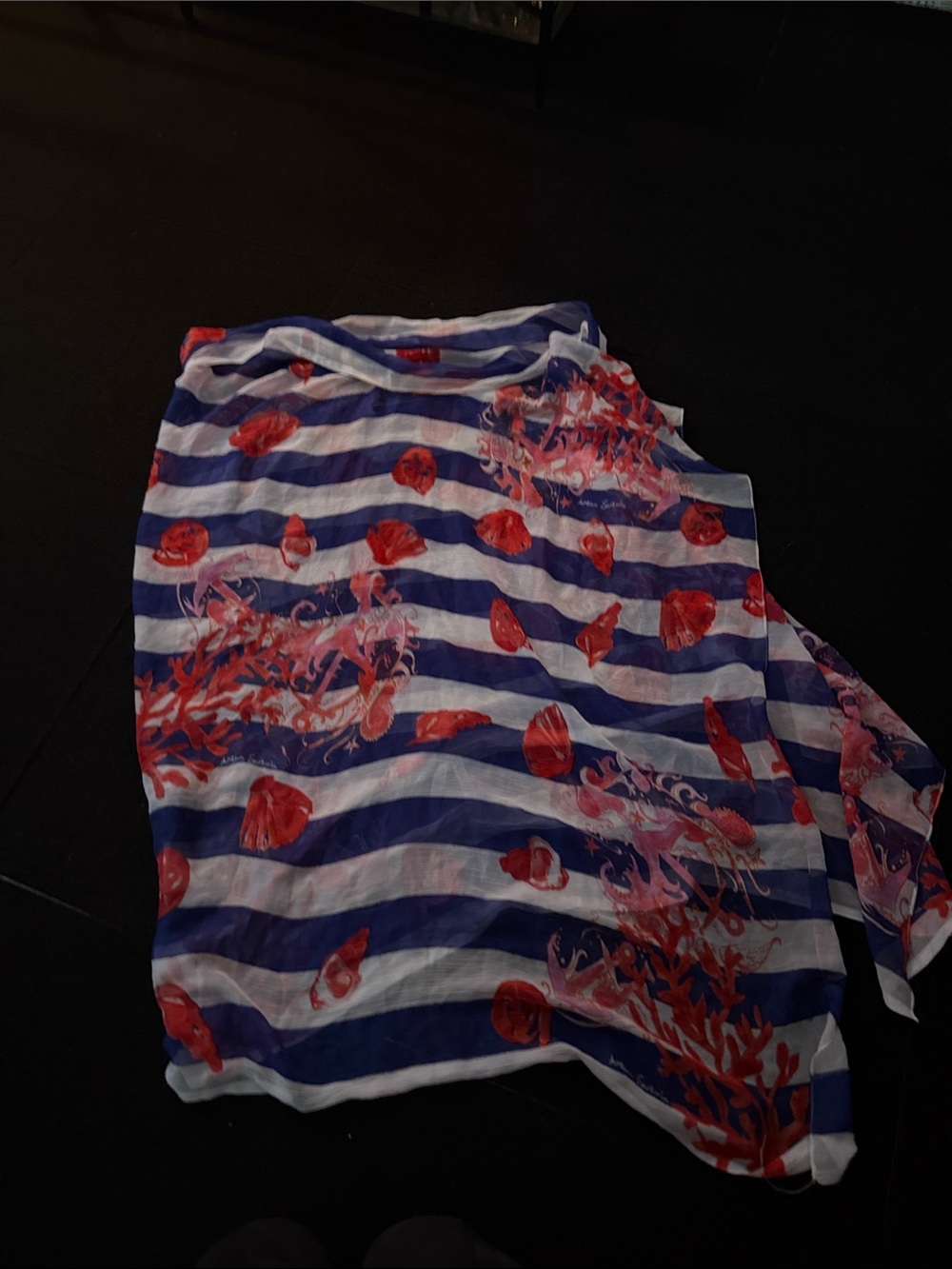 Striped Blue & White Scarf with Red Coral Print